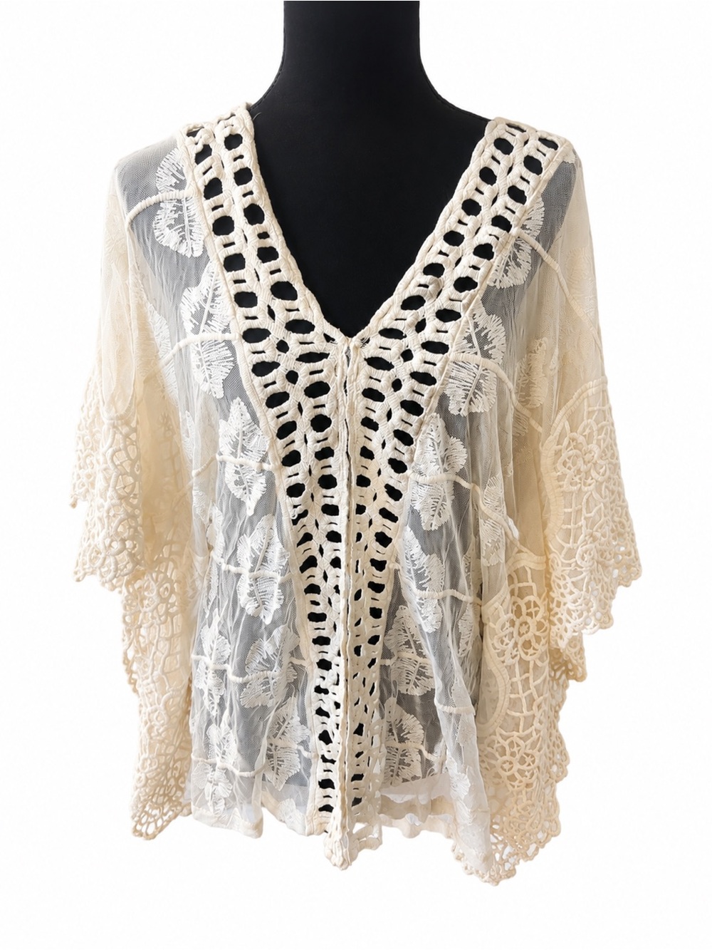 XCVI Ivory Crochet Lace Mesh Boho Kimono Cardigan Cover Up Large